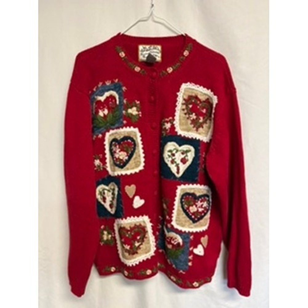 Heirloom Collectibles Red Heart Patchwork Cardigan Sweater XL Valentine Floral